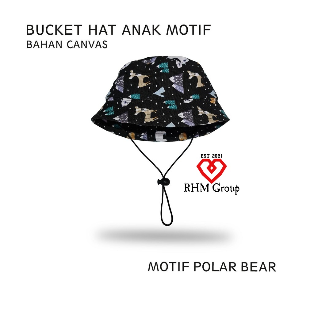 topi bucket polar korea anak motif bucket beruang bahan kanvas pakai tali untuk anak usia 1-10 tahun