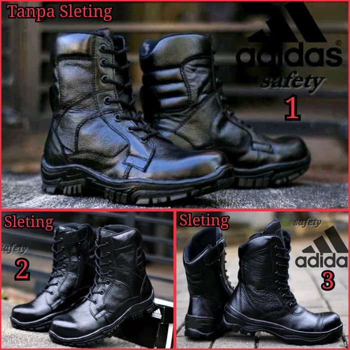SEPATU BOOTS PDL TNI POLRI SATPAM ADIDAS KULIT ASLI UJUNG BESI/ SAFETY  - terjamin