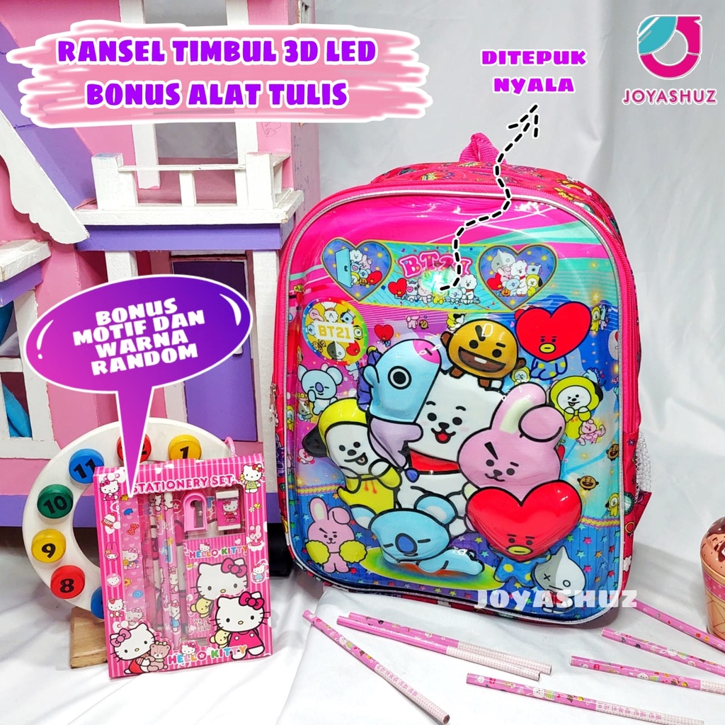 Tas Anak Perempuan Ransel BT 3D LED Anak SD Berbonus - Ransel  Timbul LED - Tas Sekolah Anak SD Karakter - Tas  Anak Perempuan SD Gratis Botol Dan Misting - Tas Sekolah Anak Perempuan Karakter Lucu - Joyashuz