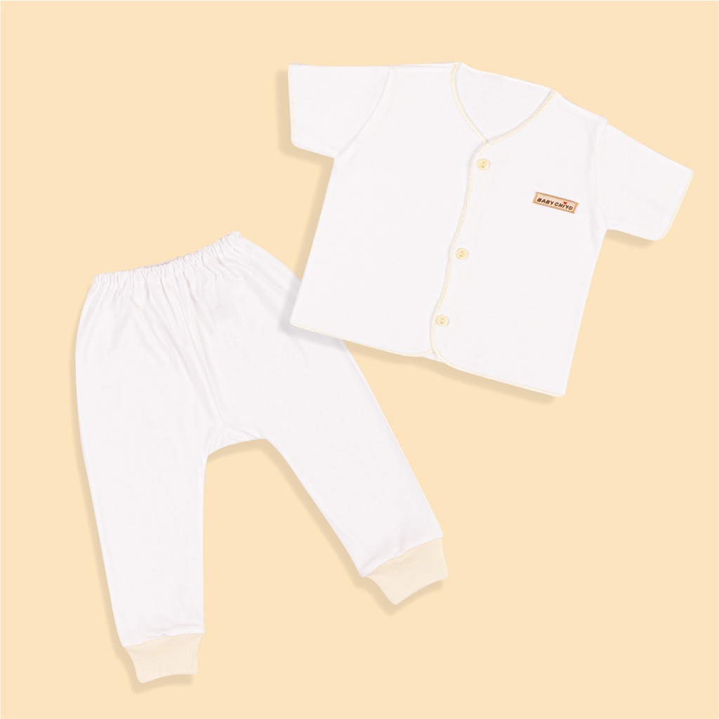 Baby Chiyo Stelan Baju Pendek Neci + Celana Panjang Polos Putih Best Quality SNI, Ukuran 0-3 S M L