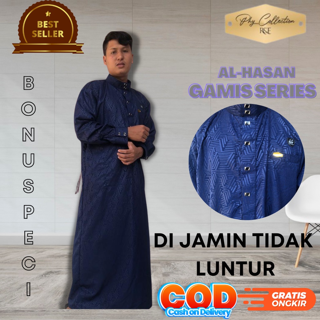 Baju Jubah Gamis Pria Laki Laki Dewasa Cowok Remaja Model Haromain Motif Embos Lengan Panjang Ukuran S M L XL XXL [AL-HASAN]