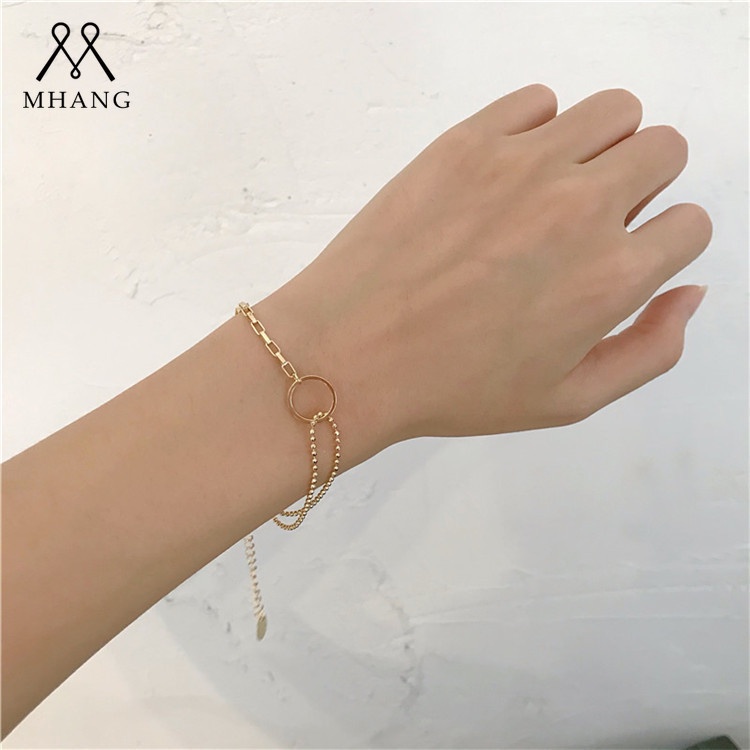 【MHANG】Gelang Wanita Rantai Manik Bulat Logam Asimetris Sederhana Gelang Liontin Disk Semua Pertandingan Temperamen