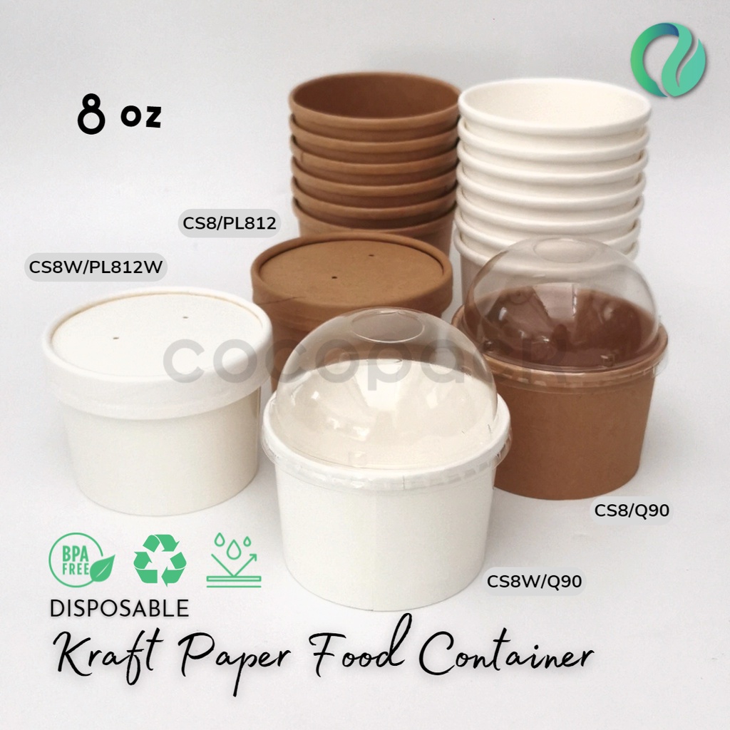 Kemasan Paper Bowl Sup - Brown Kraft Paper Ice Cream Cup 8oz with Dome Plastic Lid 25PCS