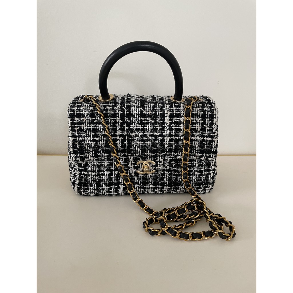 Ori Chanel Tweed Bag Black Hitam Handle