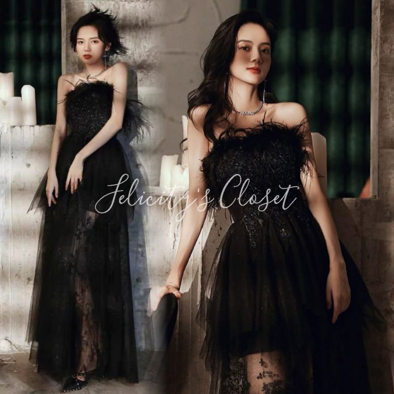 gaun pesta sexy perform premium import dress Hitam fur M L XL