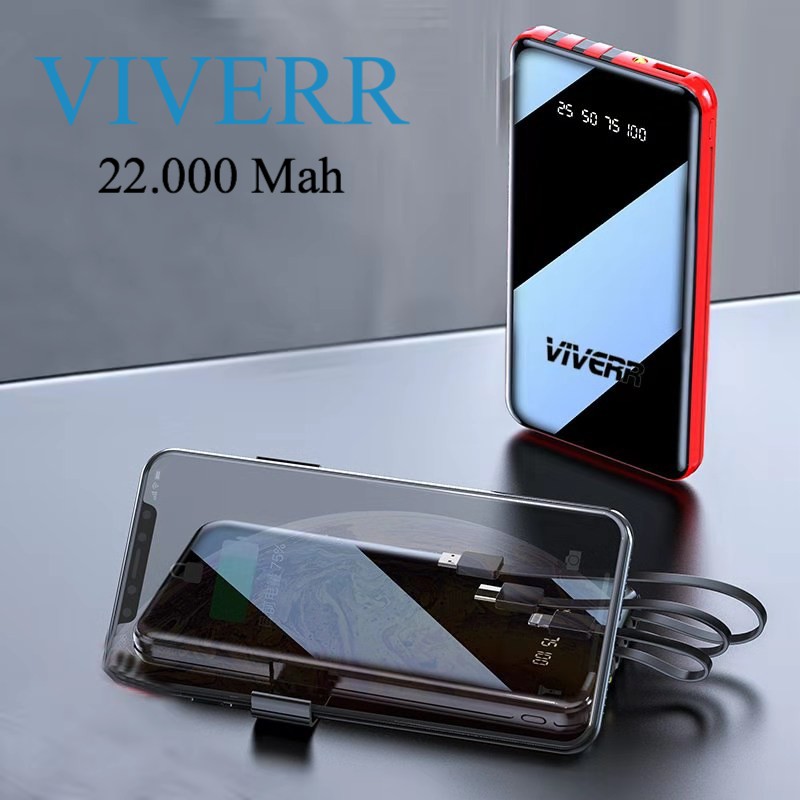 Powerbank Viverr Slim 22.000 Mah LED With 3 Cable Charger Output Resmi 1 Tahun Small Power Bank Dual