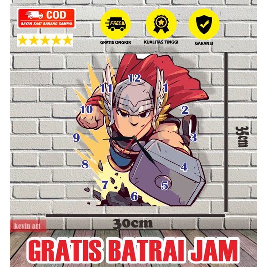 JAM DINDING KAYU UNIK ANGKA BESAR KARAKTER MARVEL THOR MURAH DEKORASI DINGDING KAMAR ANAK COWO KOLEKSI HADIAH KADO ULANG TAHUN LUCU KEREN TEBAL MURAH TEMPEL TEMBOK