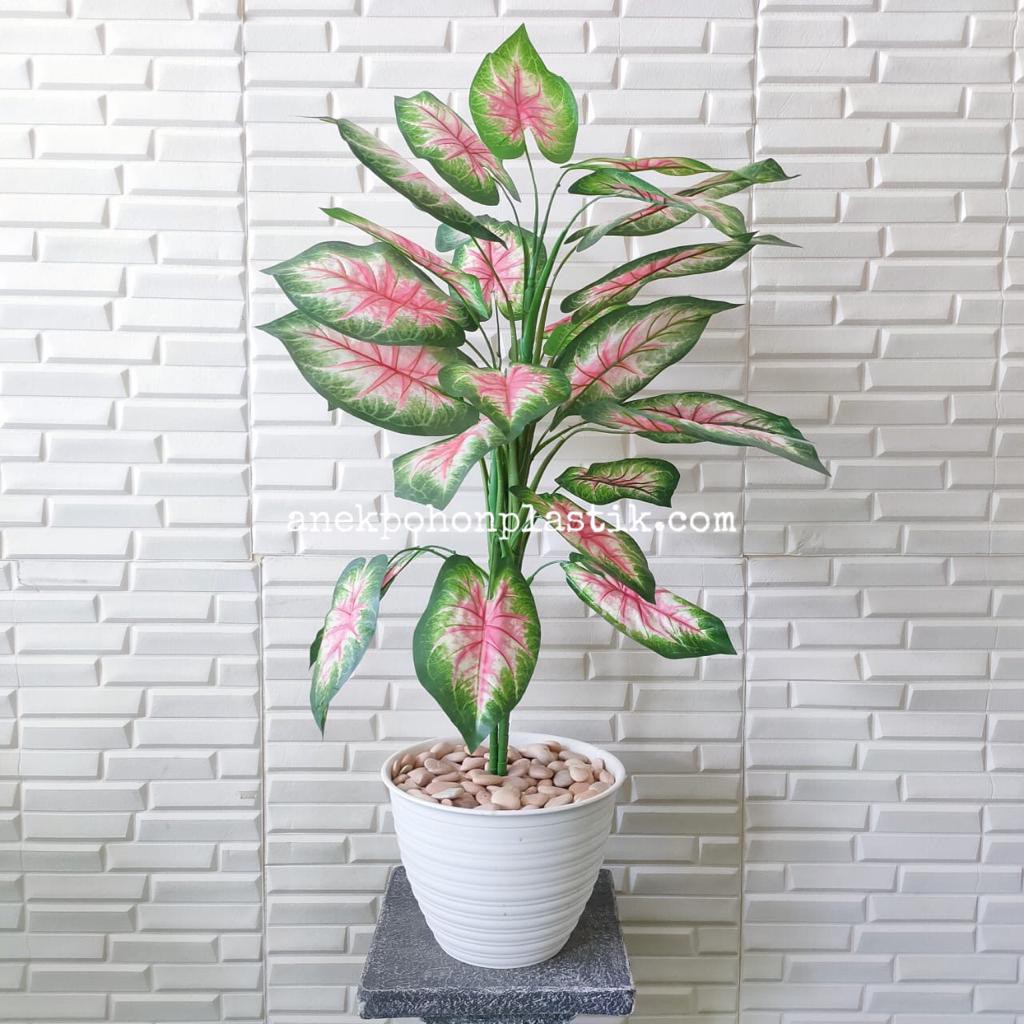 Pohon Daun Sri Rejeki Merah Muda Besar Pot Tawon Vas Plastik Batu Hias Pink Tanaman Artifisial Rumah