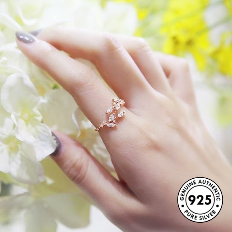 Cincin Bentuk Daun Aksen Berlian Bahan S925 Silver Gold Plated