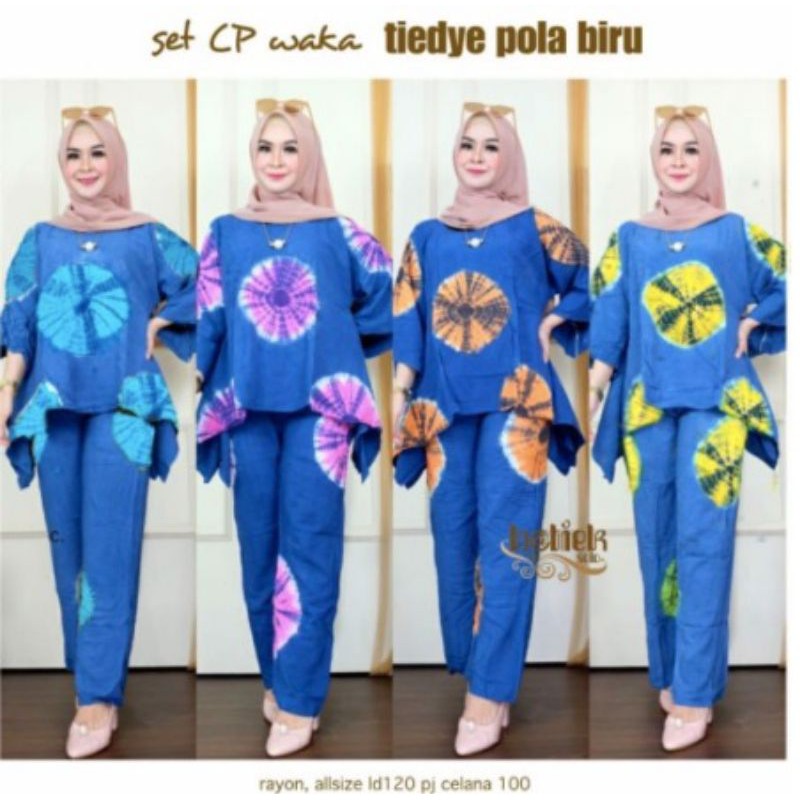 setelan tiedye pola biru waka cp wanita