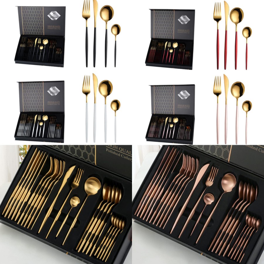 Premium Cutlery Set 24 Pcs Sendok Garpu Sendok Teh Pisau Korea Gold
