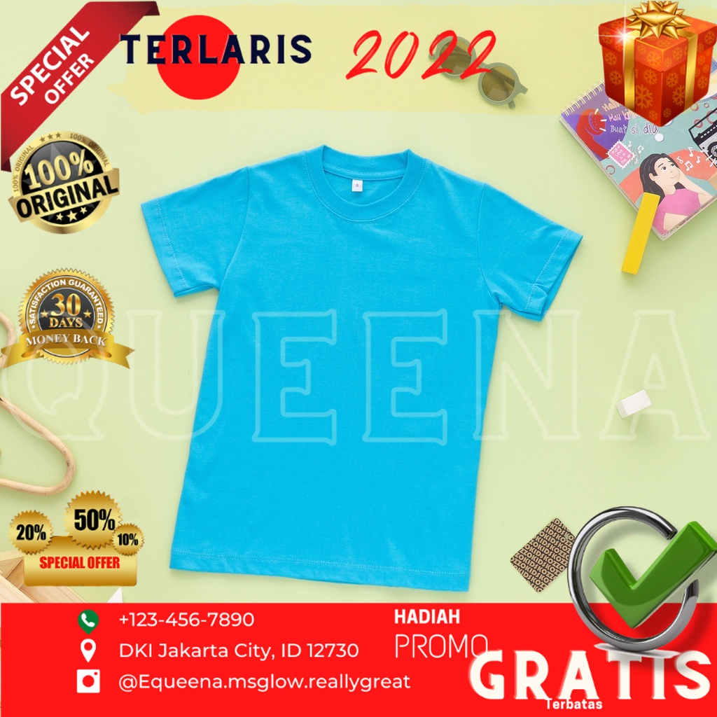 EQUEENA Rekomendasi Kaos Polos Anak 2-12T - Biru Turkish - Bahan Katun 24s Ukuran warna full size ba