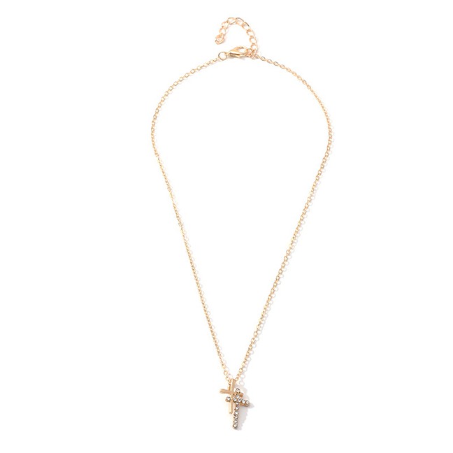 LRC Kalung Wanita Fashion Golden Double Cross Alloy Zircon Necklace D91966
