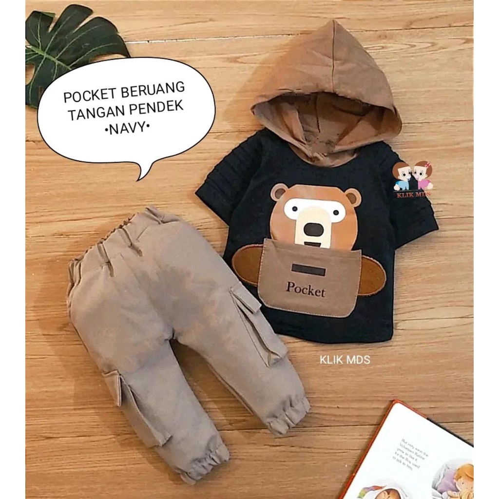 Setelan Anak Laki - Laki / Baju Bayi Laki- Laki Model Hoodie Lengan Pendek  Celana Panjang Ada Kantong Motif Pocket Bear