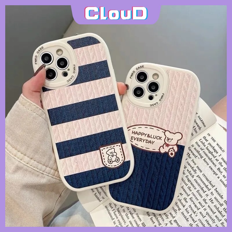 IPHONE Casing TPU Soft Phone Case Kompatibel Untuk Iphone11 13 12 14 Pro Max7 8 Plus 6 6s Plus XR X XS MAX SE 2020motif Rajut Beruang Kartun Lucu Garis Penyambungan Sarung Pelindung