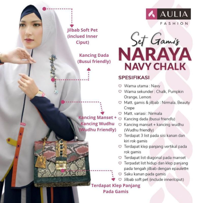AULIA FASHION Set Gamis NARAYA NAVY CHALK Busana Muslim Branded Original Premium Nirmala Beauty Crep
