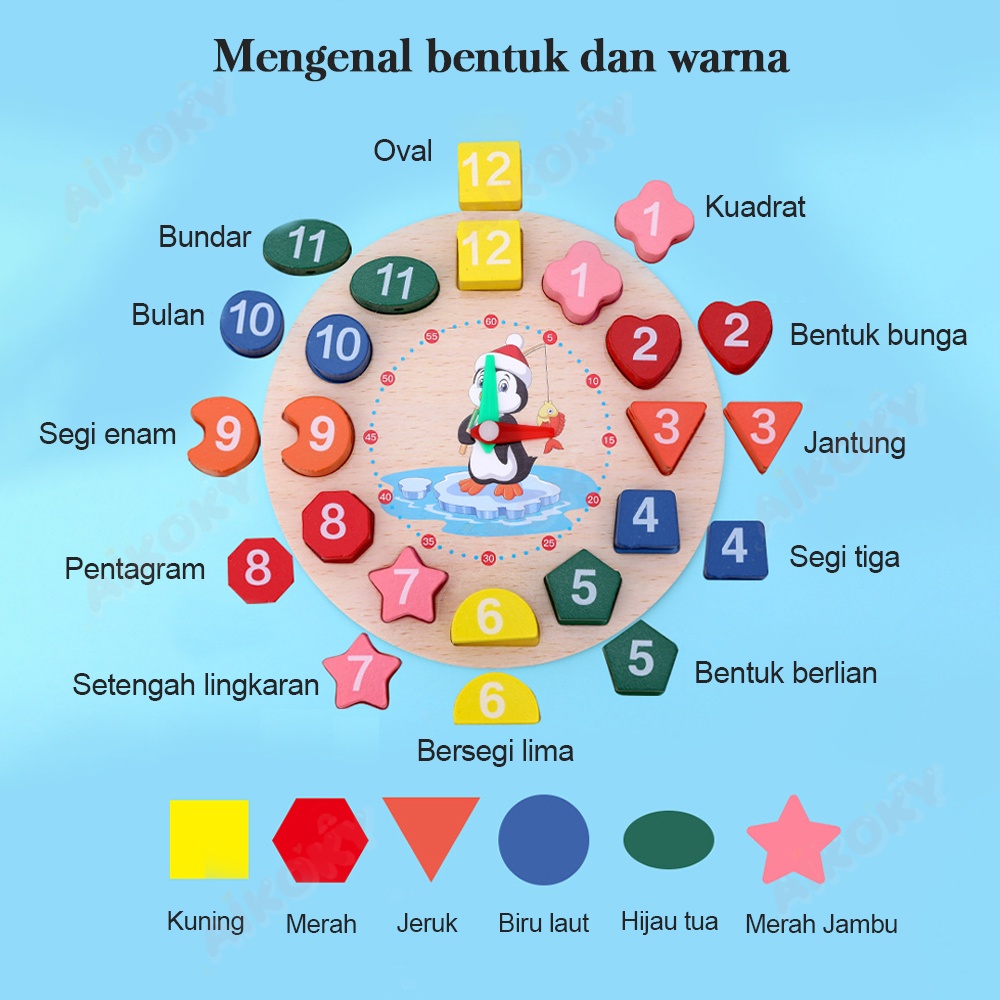Aikoky Mainan Edukasi Jam Penguin Beaded Clock/ Puzzle Geometri / Puzzle Bentuk dan Warna