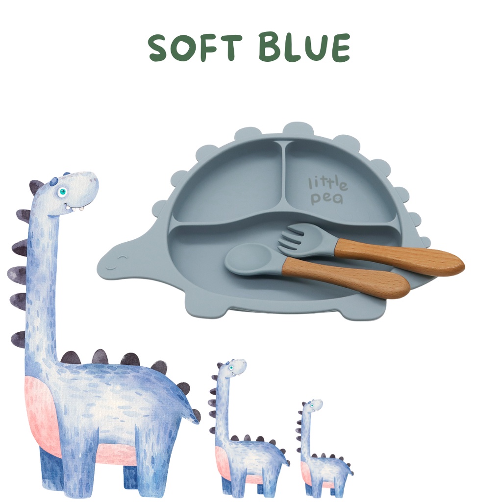 Little Pea Dinosaur Suction Silicone Plate | Piring Silikon Dino dengan suction-Soft Blue