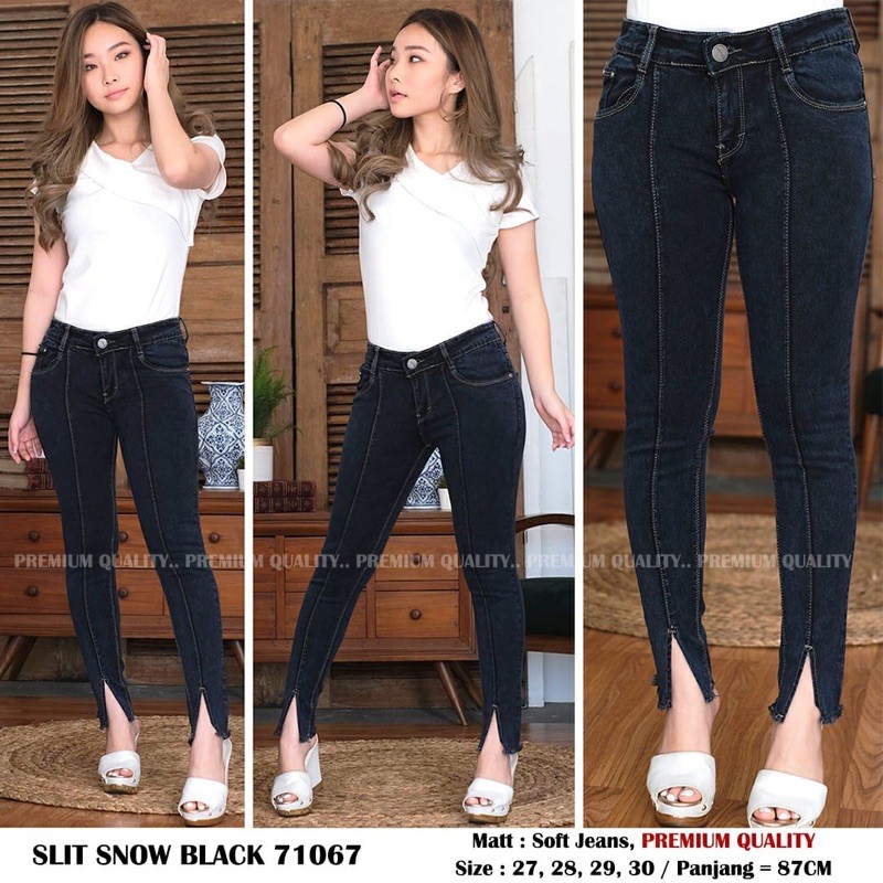 [REAL PIC] SLIT SNOW BLACK 71067 - skinny jeans premium wanita
