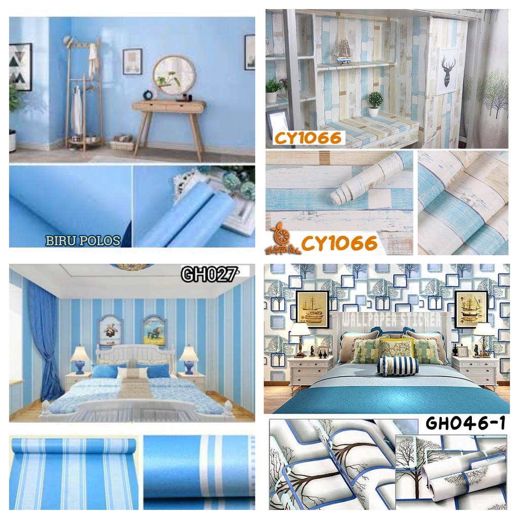 WALLPAPER DINDING KUALITAS TERBAIK ukuran 45 cmx 10 M Tema Salur Garis Bata Kayu Biru albino88