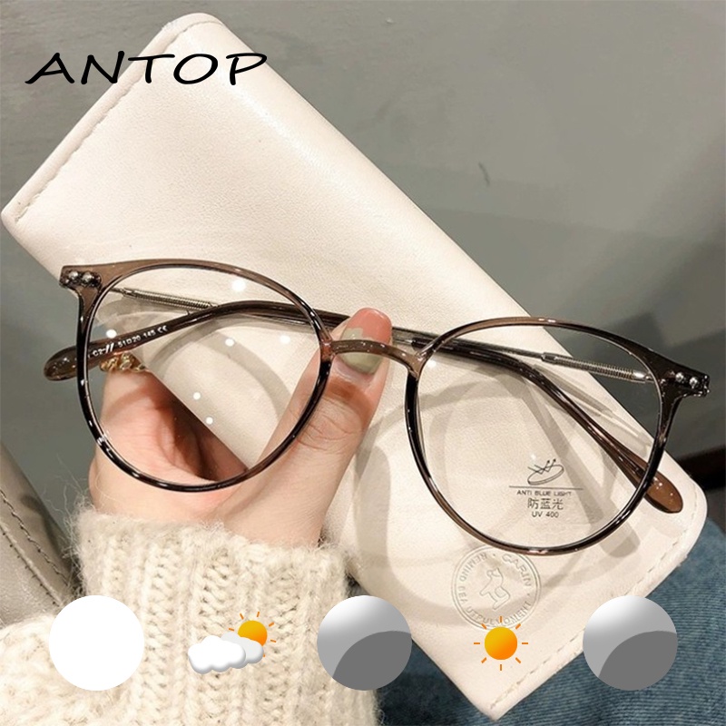 Kacamata Korea Anti Radiasi Photocromic Metal Bentuk Bulat Bahan /Wanita Pria Fotocromic Kacamata Komputer Anti Sinar Matahari Blueray Silau Potocromic Fashion Kaca Mata Versatile Optik Glasses ANTOP