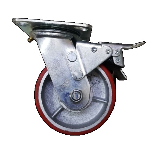 Roda Caster Troli / Trolly PU Merah 5 Inch Heavy Duty Rem ( Kunci ) Ranger Germany