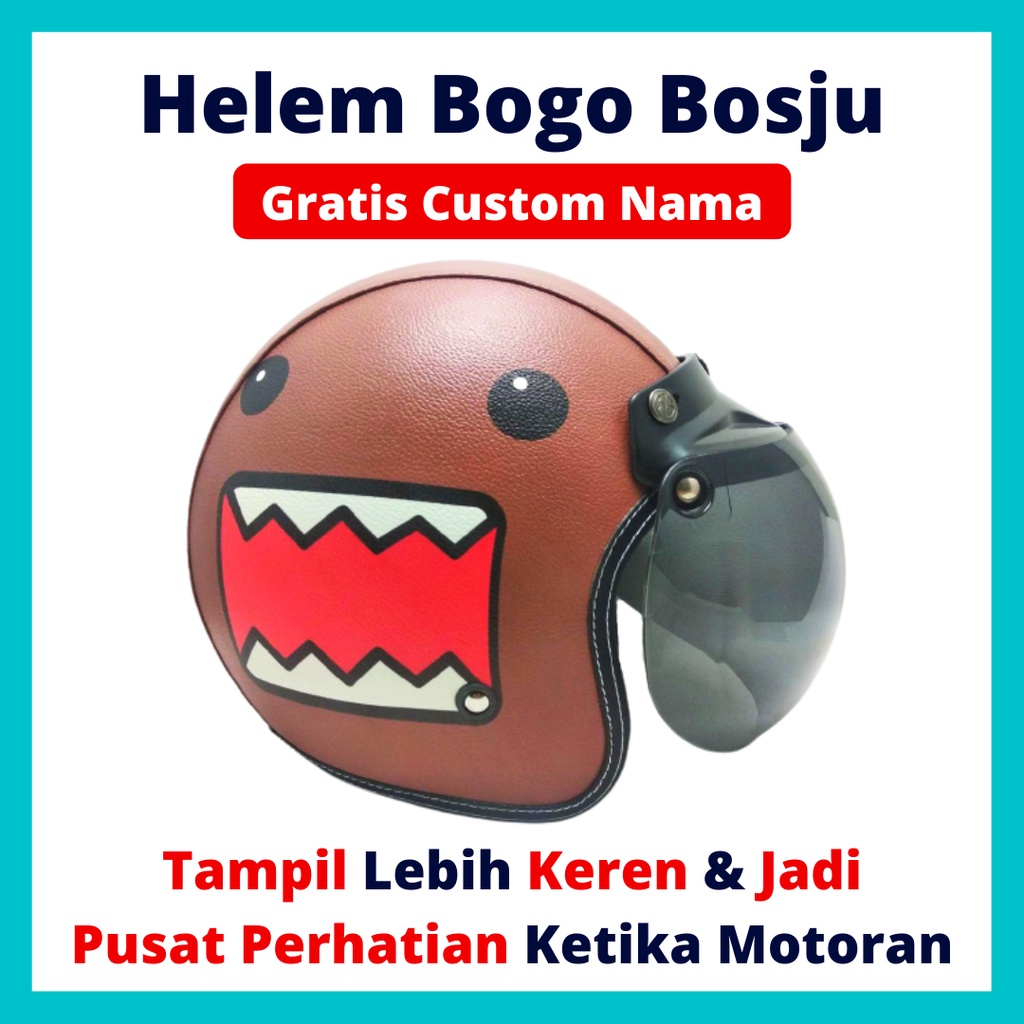 HELM BOGO RETRO KULIT WANITA DEWASA KACA DATAR CLASSIC MOTIF GIGI COKLAT LUCU SNI - HELEM BOGO BOSJU