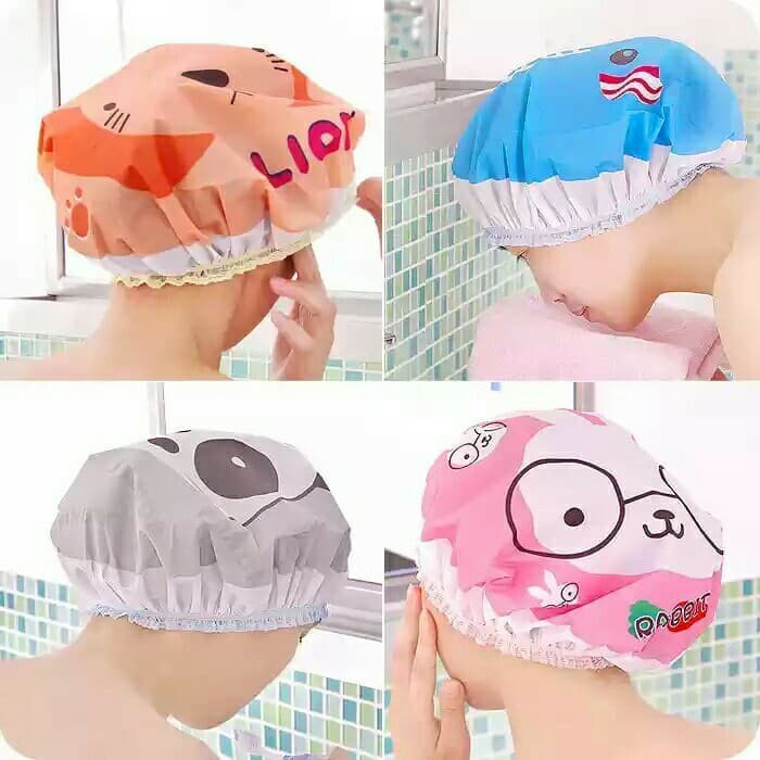 ⭐️ Jendela Kosmetik ⭐️ Shower Cap Karakter Kartun / Topi Mandi Lucu / Penutup Rambut Keramas / Tutup Rambut Keramas / JK 1