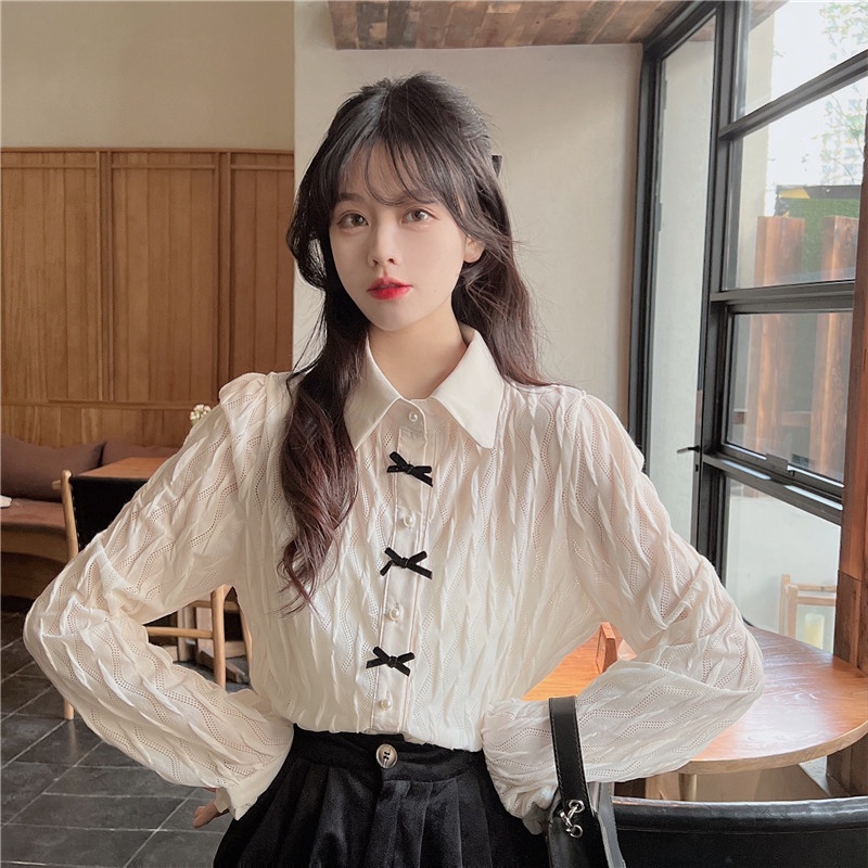 yikoo-Kemeja korea kancing busur elegan shirt blouse wanita atasan