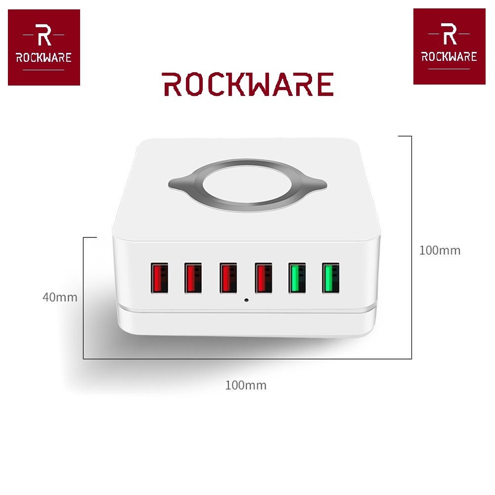 ROCKWARE E6 - 6 USB Port Charging Station and Qi Wireless Charge - 72W - Charger Multiport Up To 6