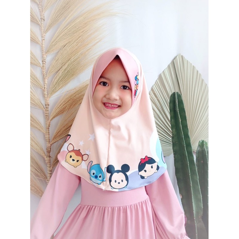 hijab instant anak TSUM-TSUM, hijab karakter , bergo anak , hijab instant printing