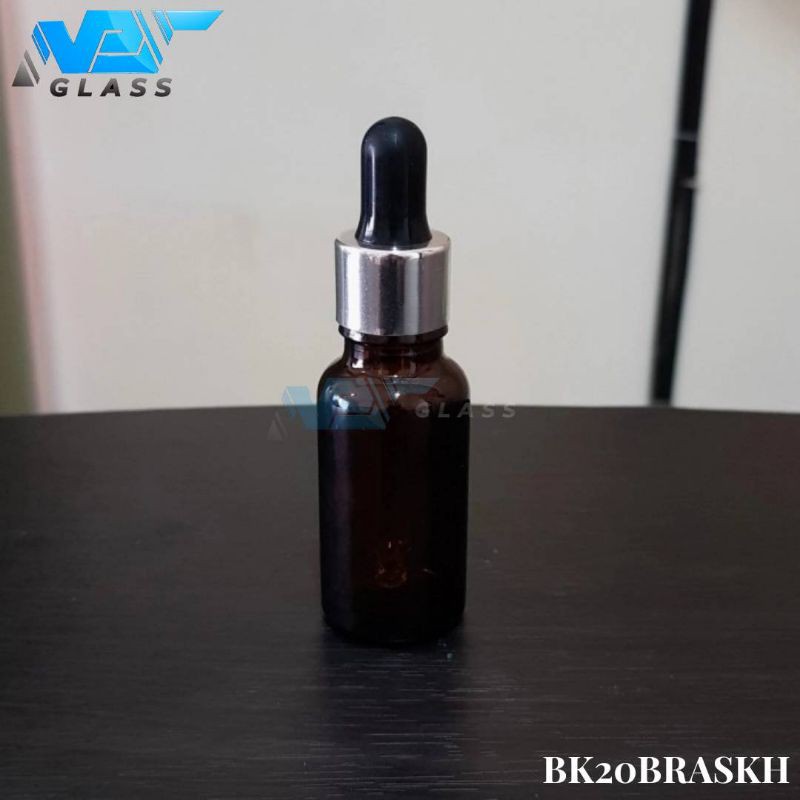 botol kaca pipet 20ml coklat / amber tebal - ring almunium silver