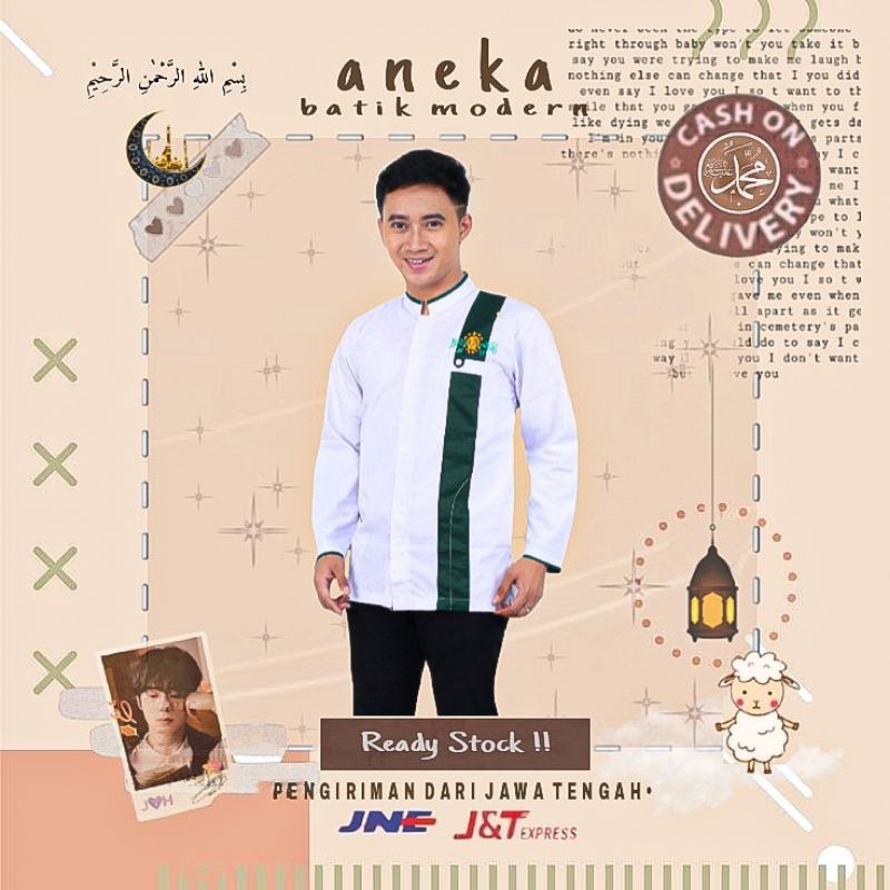 BAJU KOKO MUSLIM PRIA LENGAN PANJANG KOKO NU WARNA PUTIH MIX HIJAU TUA BOTOL LEBARAN IED MURAH XXL