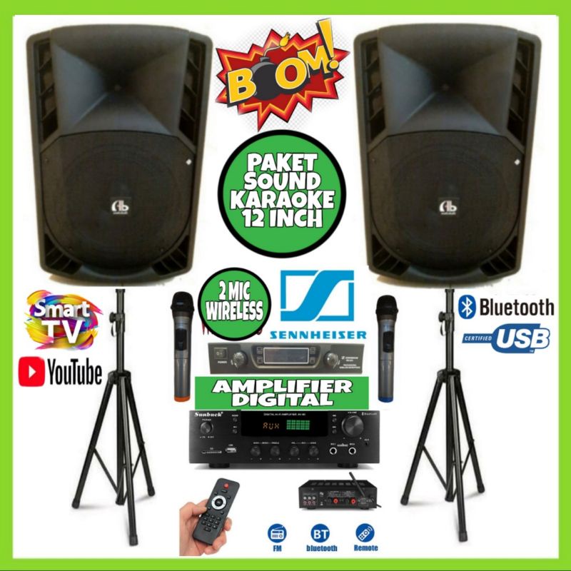 Paket Karaoke AB Audio bulls 12 Inch / Ampli Digital 2 Mic Wireless + 2 Stand Speaker