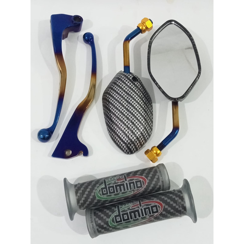 paket murah 3 barang spion mio+hendel rem mio+handgrip domino karbon.universal semua motor yamaha/honda mio j,mio s,fino,mio soul,beat,vario dll