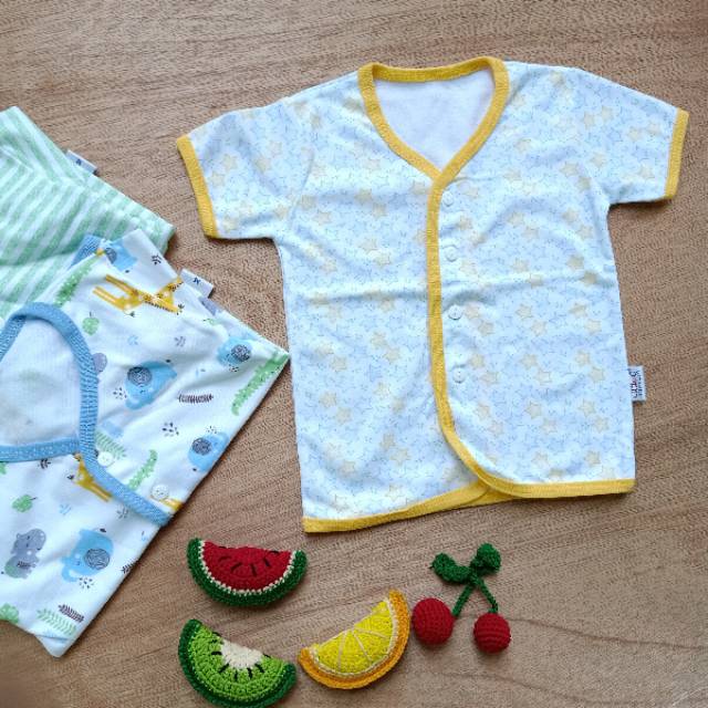 LittleQ Size M (3 PCS) Baju Bayi Kancing Depan SNI | Little Q Original Baju Atasan Lengan Pendek Motif Print Boy | Pakaian Rumah Piyama Santai Harian Baby Cowok Bahan Adem Lembut Halus Lucu-1