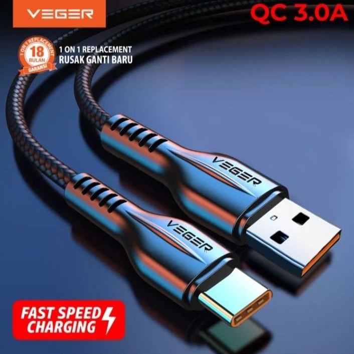 Kabel Data Veger VG18 Tipe C Fast Charging 3.0A 1000mm Original