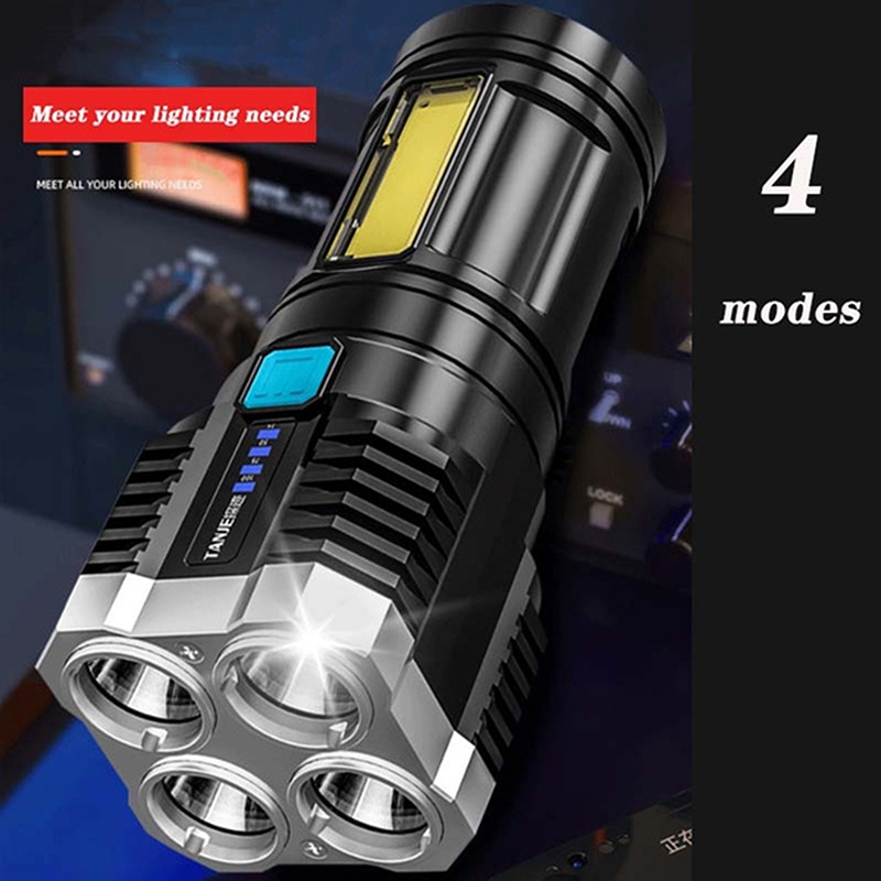 {LUCKID}4 Heads Strong Light Flashlight USB Rechargeable Flashlight &amp; Power Display COB