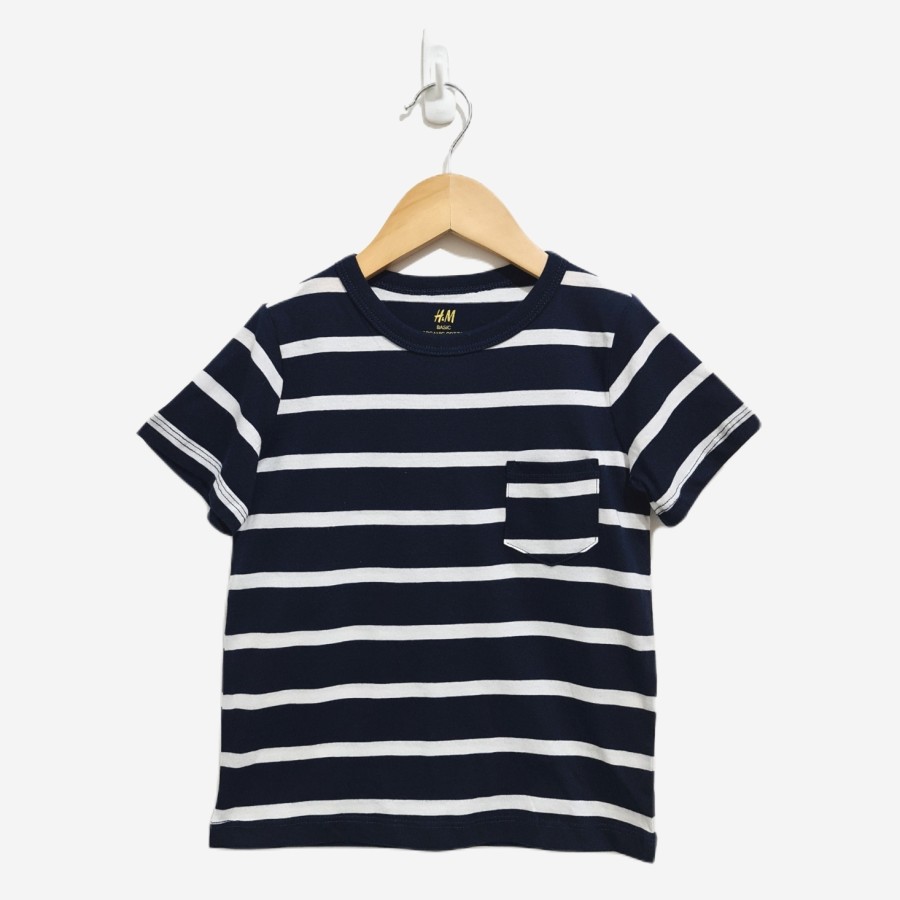 Kaos Anak Laki Stripe Pocket Navy White H&M Ori Size 2y 4y 6y  / Kado Baju Anak HnM Katun Murah Bagu