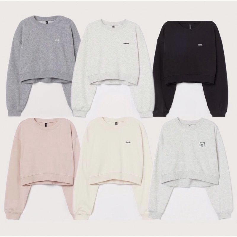 HM NEW ORIGINAL CROP TOP MOTIF LOGO LOVE SMILE BEAR BERUANG PANDA SWEATSHIRT PINK BLACK LIGHT GREY A