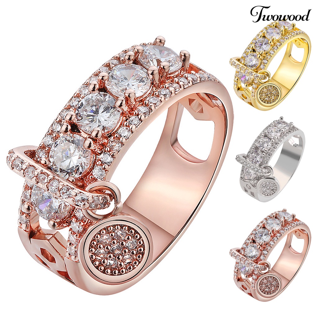 Twowood Cubic Zirconia Women Ring Disc Pendant Alloy Hollow Wide Wedding Ring Fashion Jewelry