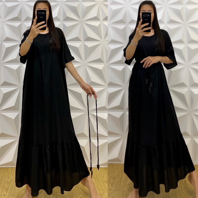 daster MONA tangan 3/4 PB 130cm /daster panjang rempel tangan 3/4  JUMBO premium sleting /busui/rempel tangan 3/4/ tangan pendek/ tali grosir ecer SEMATA KAKI RAYON-hitam