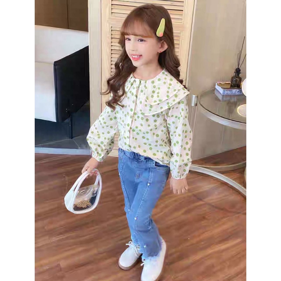 Setelan Jeans Krah Susun Bunga 6M - 3Y Setelan Blouse Katun Celana Jeans Anak Perempuan Fashion Import High Quality CBKS