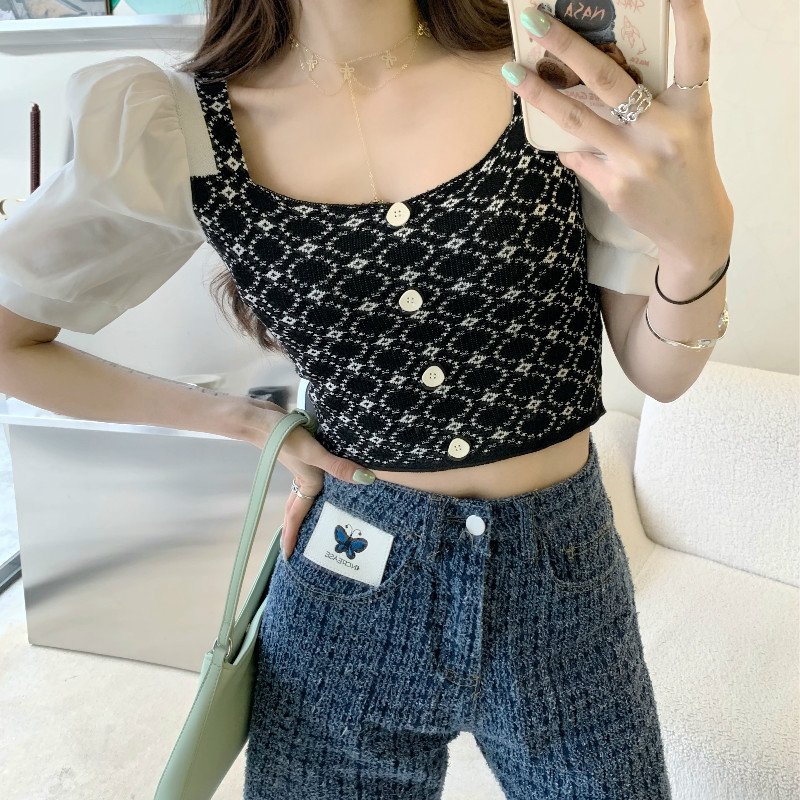 Blus Crop Top Rajut Slim Square Neck Lengan Puff Panjang Untuk Wanita