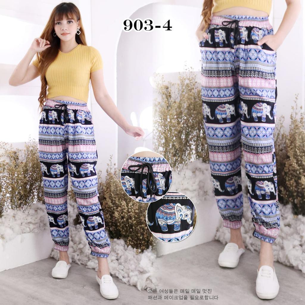 Celana panjang Jogger thailand wanita motif bangkok import bahan katun rayon super adem