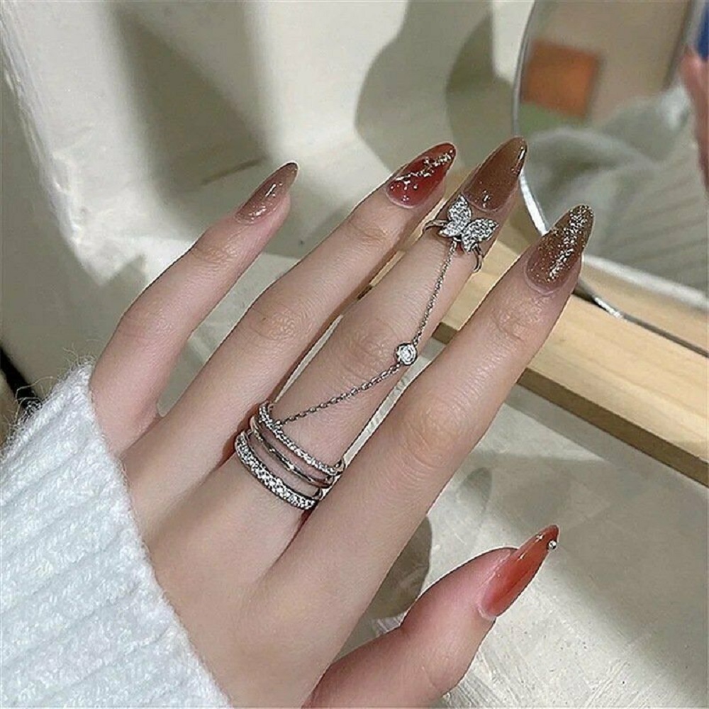 【COD Tangding】Tassel Butterfly Mittens Ring Zircon Adjustable Chain Open Silver Rings Women Party Jewelry