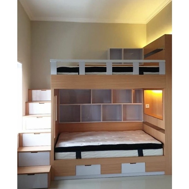 dipan ranjang tingkat anak mewah kayu hpl custom tangga laci lampu led 100x200