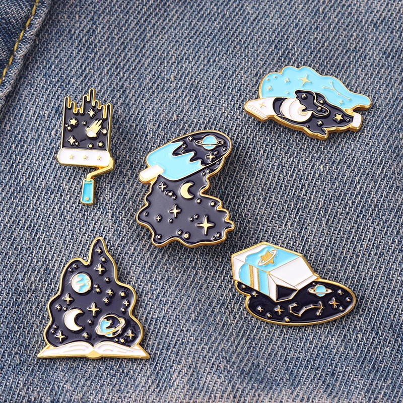 Dark Interstellar Galaxy Stars Moon Enamel Pins Universe Brooch Lapel Badge Bag Cartoon Jewelry Gift for Kids Friends