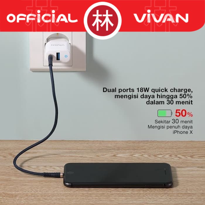 Vivan Power Super II 18W Dual Port USB Charger QC3.0 + PD 3A