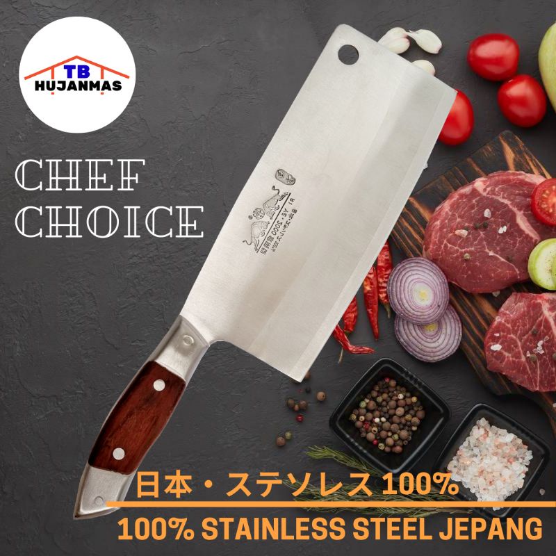 Pisau Daging 100% Satinless Jepang Golok Pedaging Cooking Kitchen Chef Knife Antik Baja Tebal Tajam 